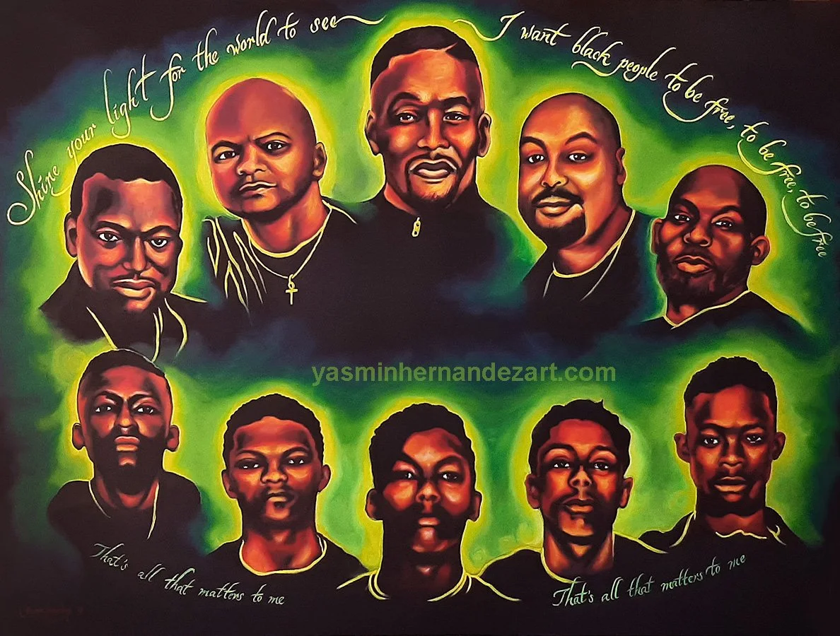 "Shine Your Light" (Exonerated Five), 2019. Acrylic on canvas, 36 x 48 inches.
Left to right: Yusef Salaam, Kevin Richardson, Korey Wise, Raymond Santana, Antron McCray.
This portrait juxtaposes the boys of the Central Park Five with their images