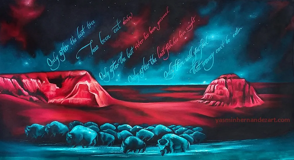 Water Protectors is inspired by my nebulas series and the bioluminescence in Bieké's waters. It envisions buffalo within the Standing Rock landscape as bioluminescent spirit warriors protecting the water that flows across these lands. Red and blue ar