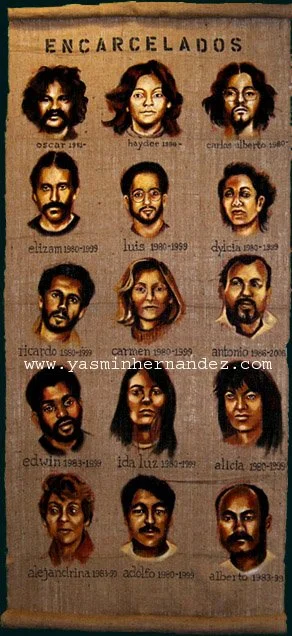 "Encarcelados," 2007. Archivos Subversivos. Yasmin Hernandez. Acrylic on burlap, approx 80" x 40". This scroll features just 15 painted portraits of many Puerto Rican political prisoners. Each includes the year of their arrest & the year of their r