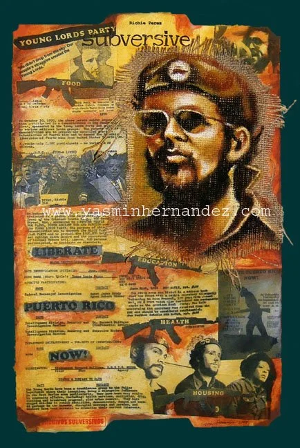 "Carpeta: Richie Perez," 2007. Archivos Subversivos. Yasmin Hernandez. Acrylic, collage, burlap, paper clips, file labels on manila file folder, 18" x 12". Part of the PRESENTE! The Young Lords in New York exhibition at the Bronx Museum 2015. Young
