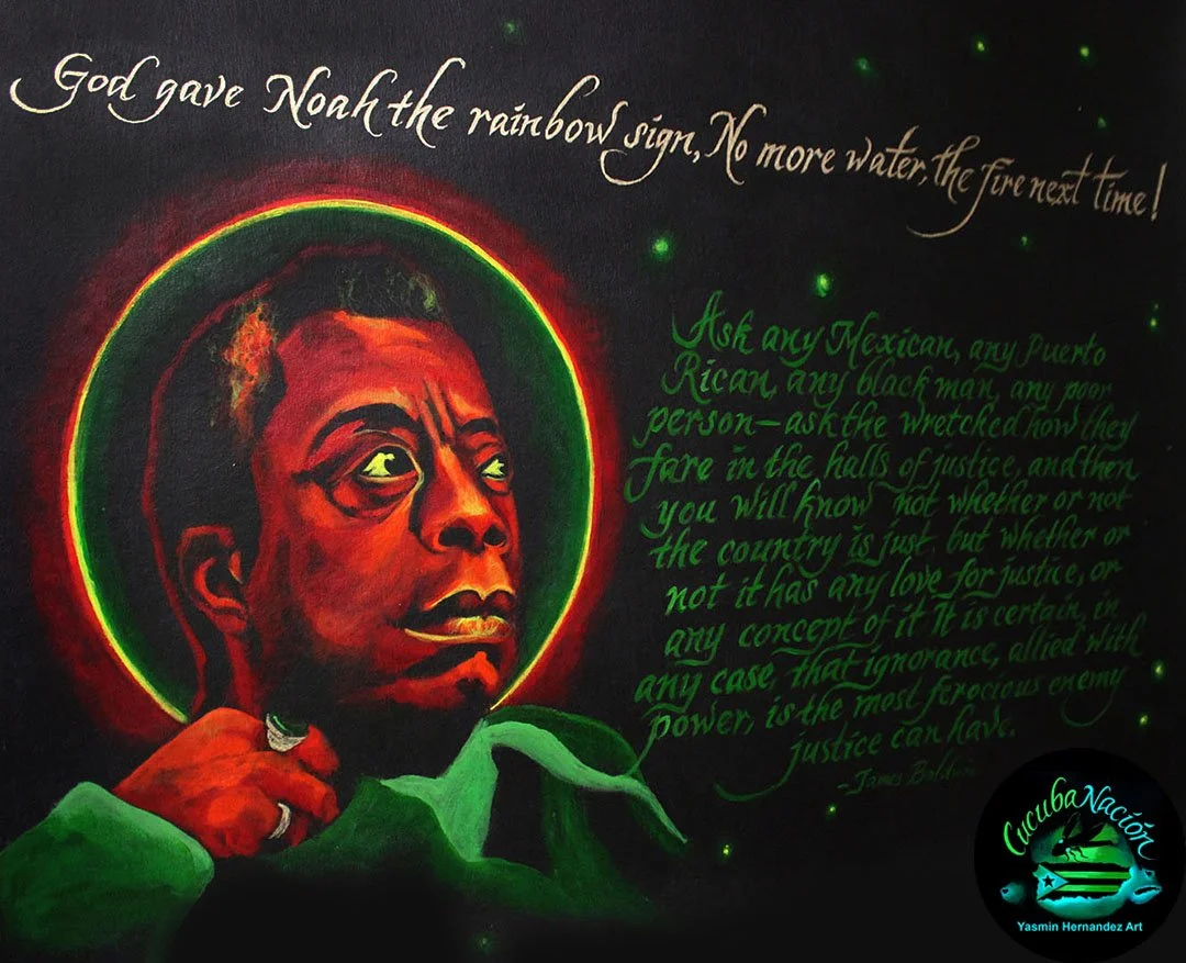 Detalle de James Baldwin. Yasmín Hernández “The Fire Next Time” 2024. (Piri Thomas and James Baldwin). Acrílico sobre pellón, 30” x 36”. “Dios le dió a Noé la señal del arco iris. No más agua, la próxima vez el fuego.” Inspirado en un verso de la bib