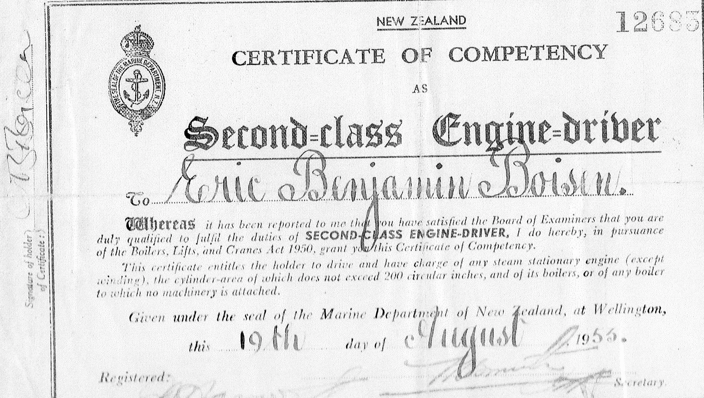 Eric's engine driver Certificate 1953