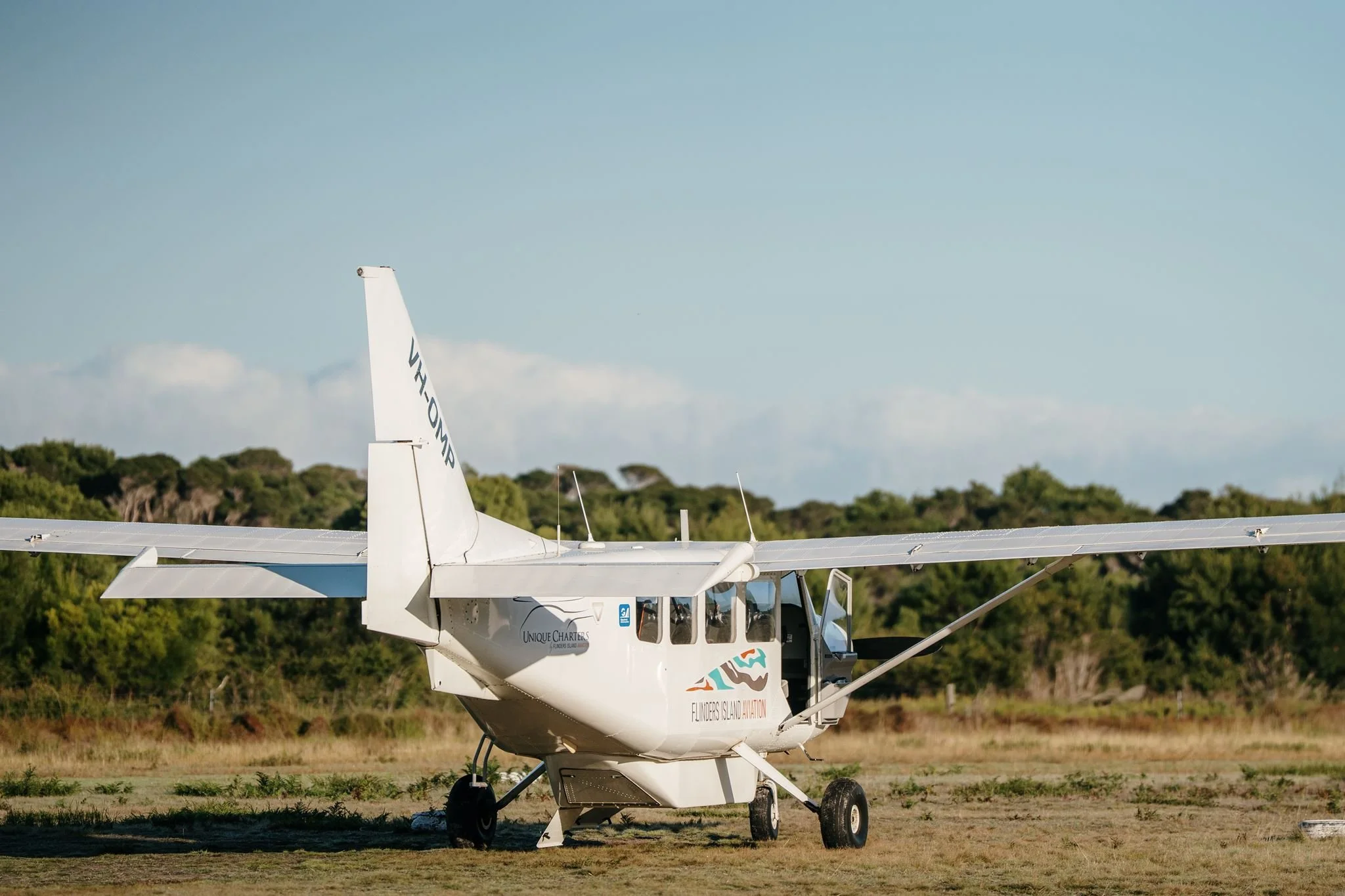 A small white aircraft parked on a grassy area with trees and a partly cloudy sky in the background.