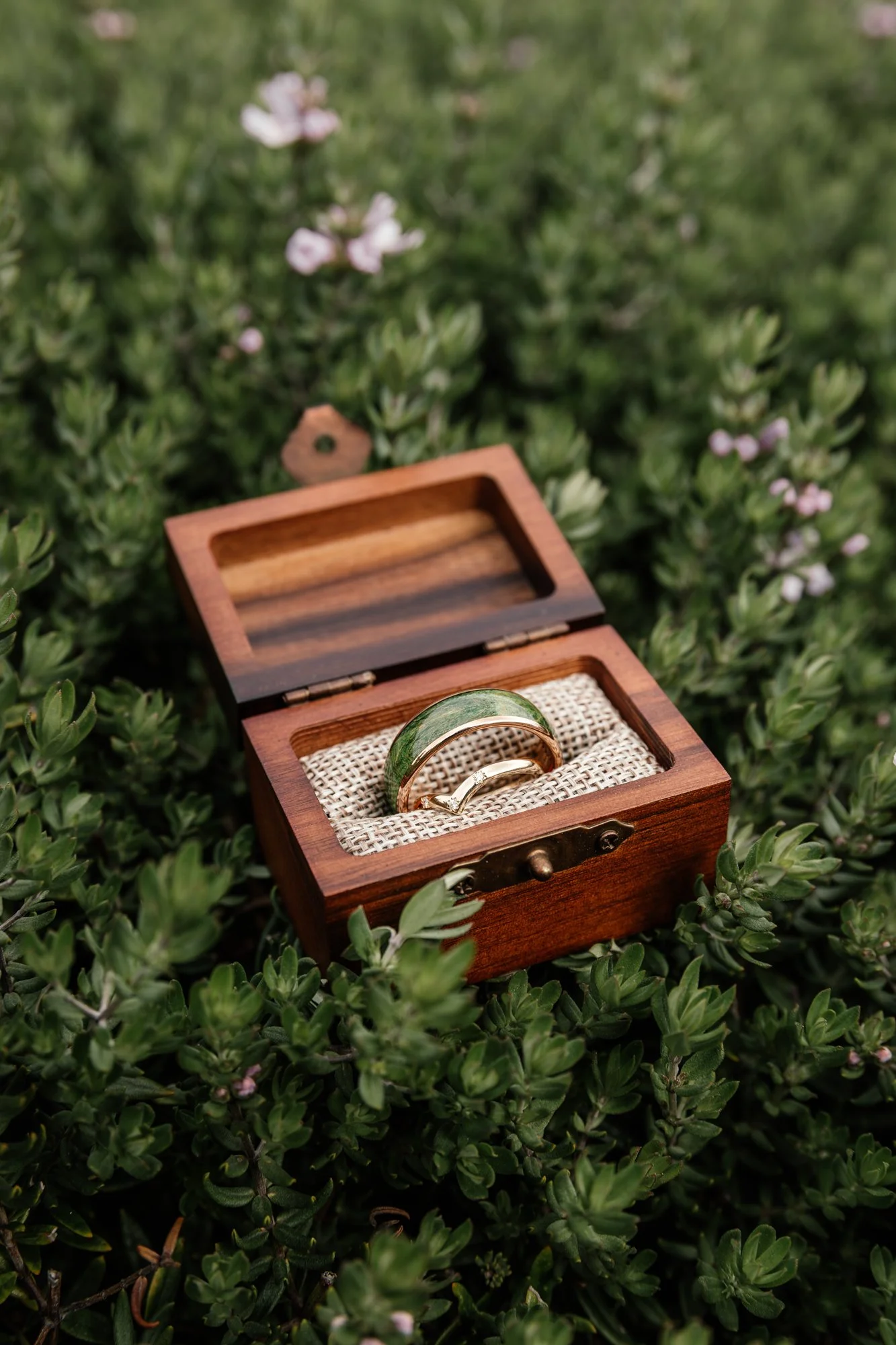 A wooden jewelry box with two rings inside, resting on green foliage with small pink flowers.