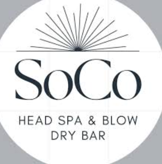 Logo for SoCo Head Spa & Blow Dry Bar featuring a stylized open book above the brand name and services.