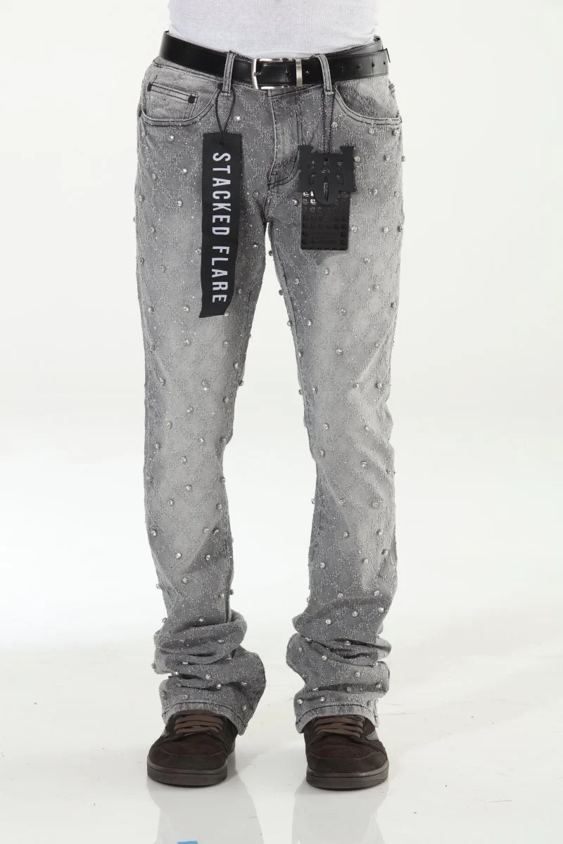 Premium Gray Rhinestone Stacked Flare Jeans — STYLO LOS ANGELES