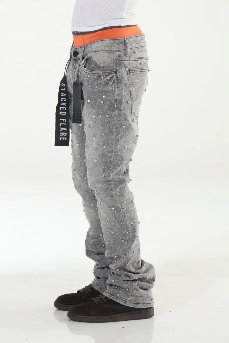Premium Gray Rhinestone Stacked Flare Jeans — STYLO LOS ANGELES