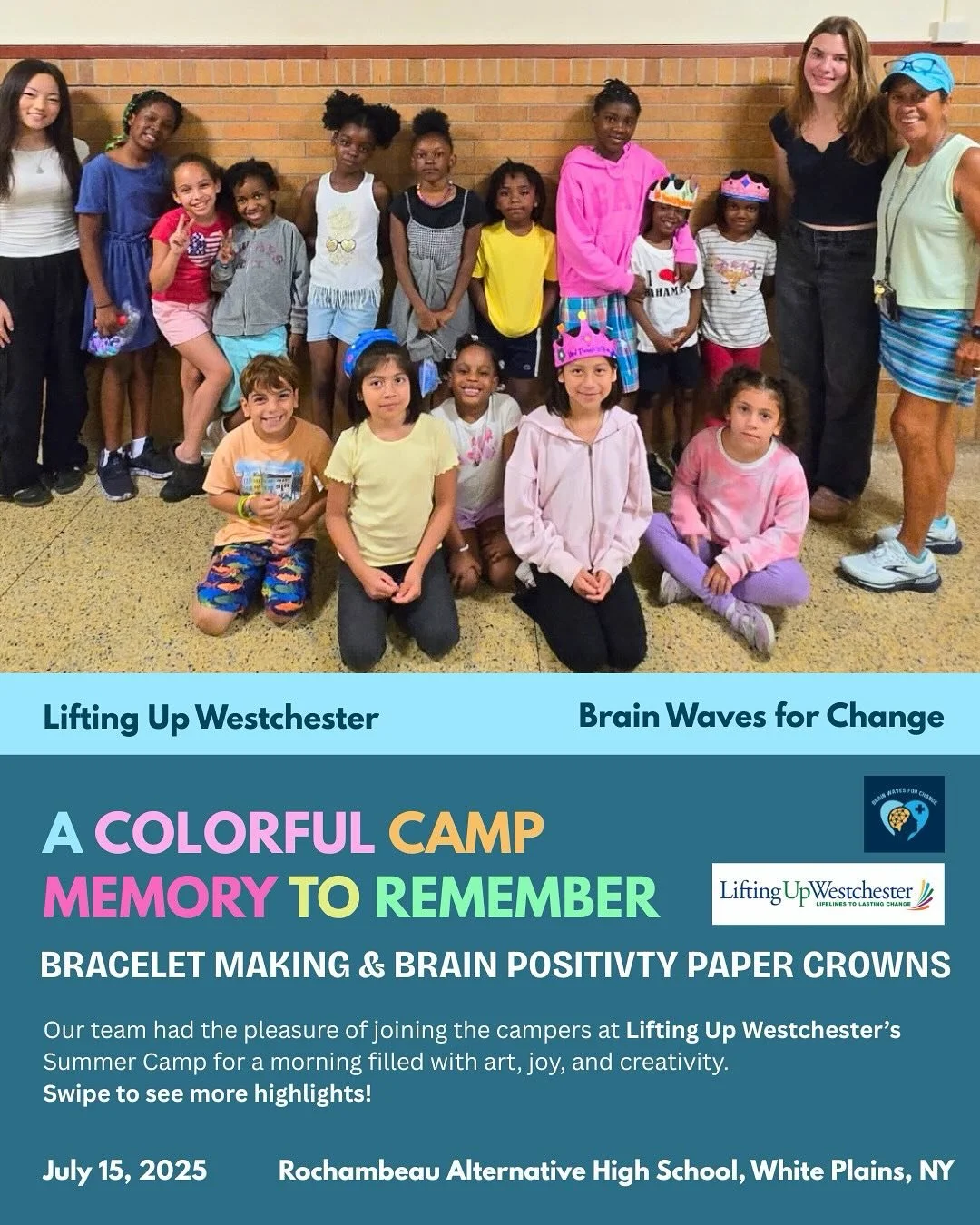 Last week, Brain Waves for Change had the pleasure of partnering with Lifting Up Westchester to bring bracelet-making and paper crown decorating to their campers.
Thank you @liftingupwestchester for welcoming us. Here’s to more opportunities