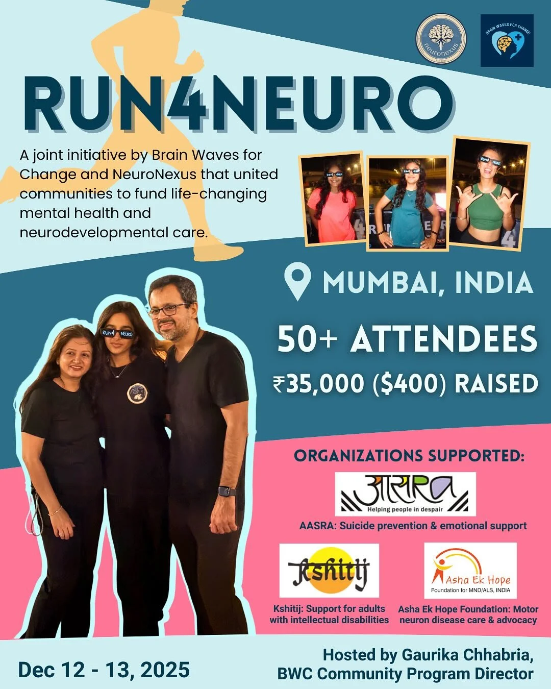 🏃&zwj;♀️&zwj;➡️ Earlier this month, Brain Waves for Change Community Program Director Gaurika Chhabria hosted Run 4 Neuro, a two-day fundraiser in partnership with NeuroNexus (@project.neuronexus), focused on supporting organizations advancing menta