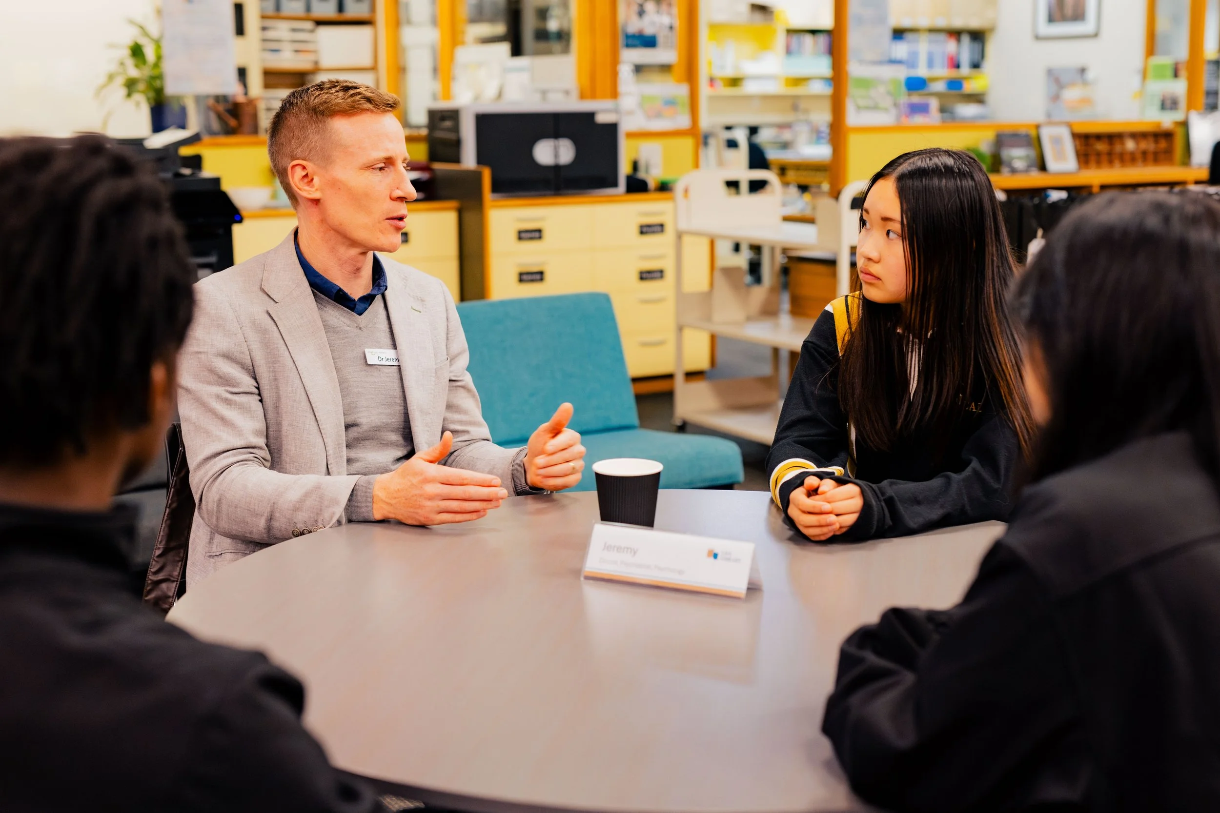 A Doctor giving career advice to students at Calvin Christian School's Life Library event in Kingston, Tasmania.