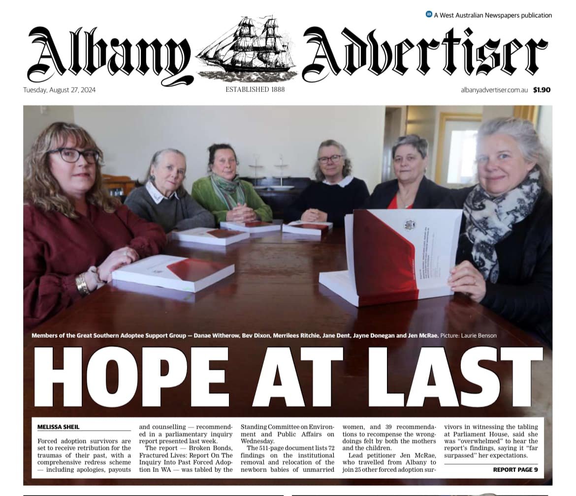 Front page of a newspaper titled Albany Advertiser, dated August 27, 2024, featuring a group of six women sitting at a table with documents, part of an article about adoption support.
