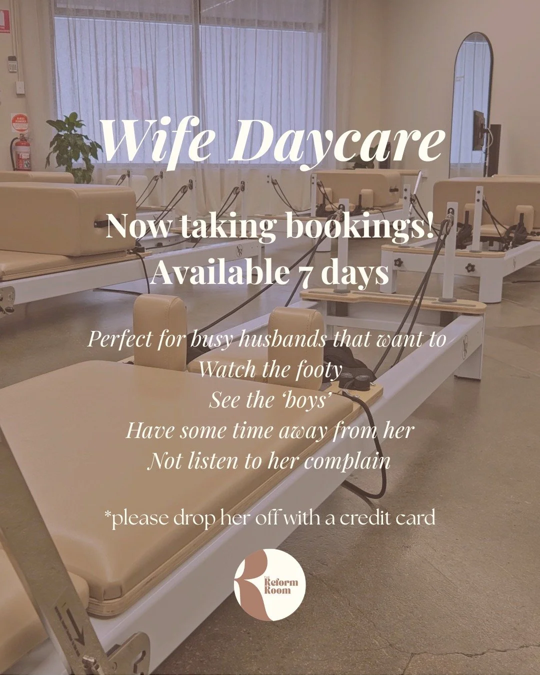 📣 Attention husbands 📣 Wife daycare is now OPEN! 🤎 

You get quiet time away from her and she gets an hour of movement and feeling good. 
Just make sure you drop her off with your credit card and we'll take care of the rest! 🤎 

Tag your husband 