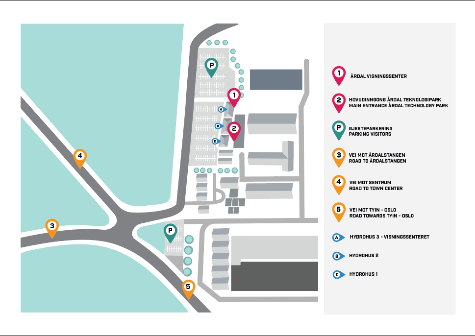 Kart som viser parkeringsområder og veier til Årdal Teknologipark, med markerte innganger, visningssenter, og tre hydrohus.