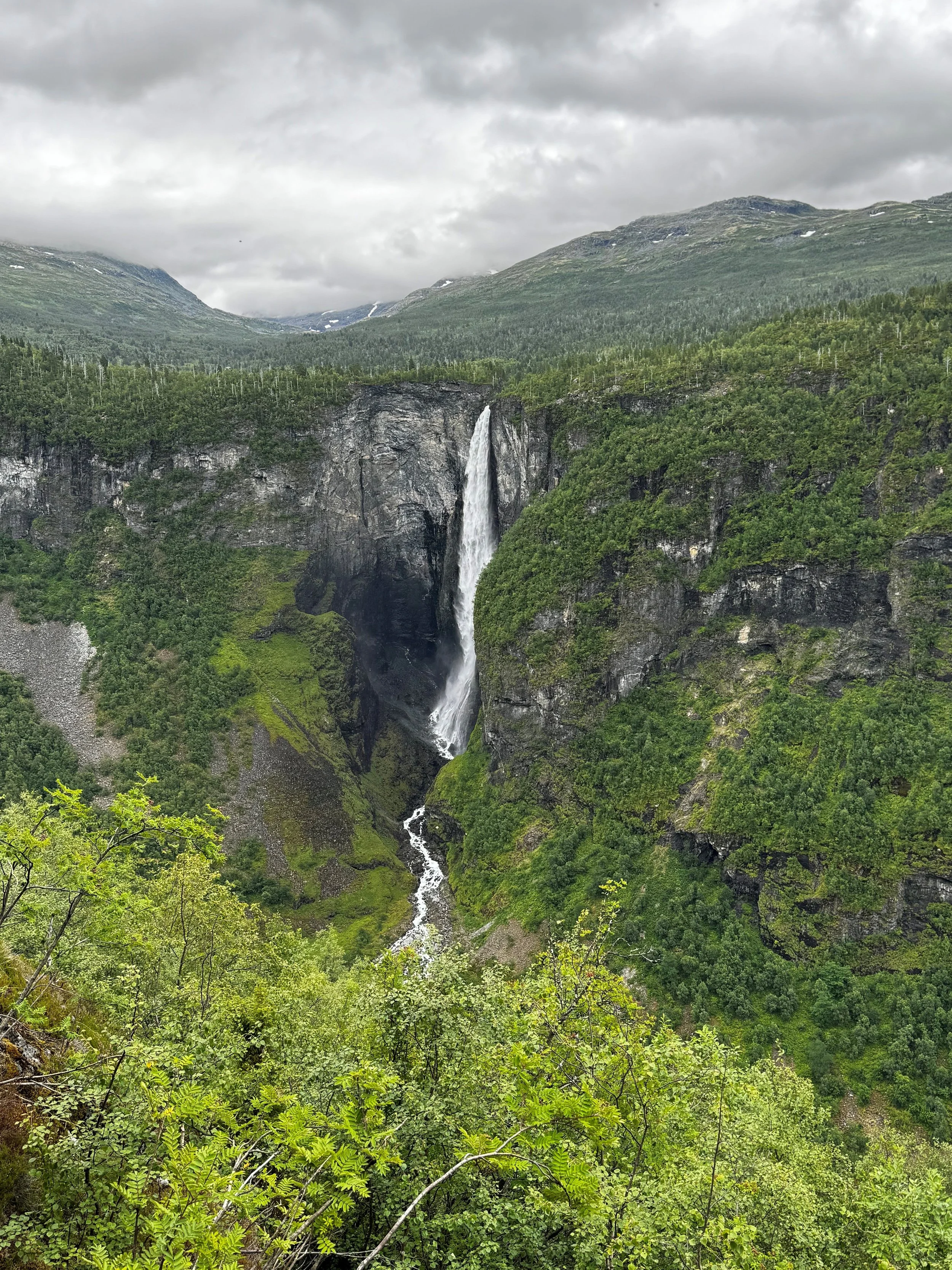 Bred elv med fosser rennende nedover en fjellside, omgitt av grønne trær og høye fjell under en overskyet himmel.