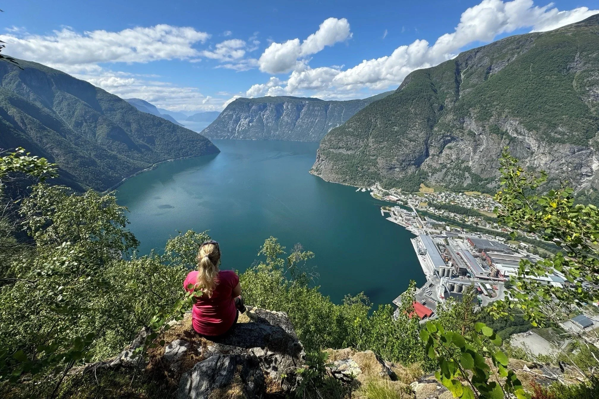 En person med rosa jakke ser utover fjorden omkranset av høye, grønne fjell under en skyet himmel.