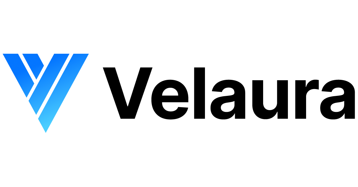 Stylized "V" logo in vibrant blue, with "Velaura" written in black. Low-power compute.