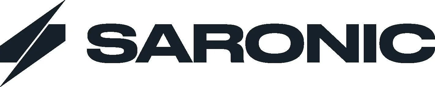 Deep navy blue logo featuring a bird's-eye abstract image of two boats, looks almost like a lighting bolt, and to the right SARONIC is written. Autonomous sea vessel boats for military defense and commercial use.