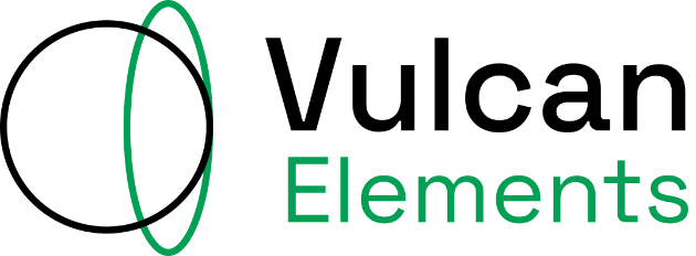 A black circle and green oval logo, with "Vulcan" written in black on top of "Elements" in green. Rare earth magnets and minerals.