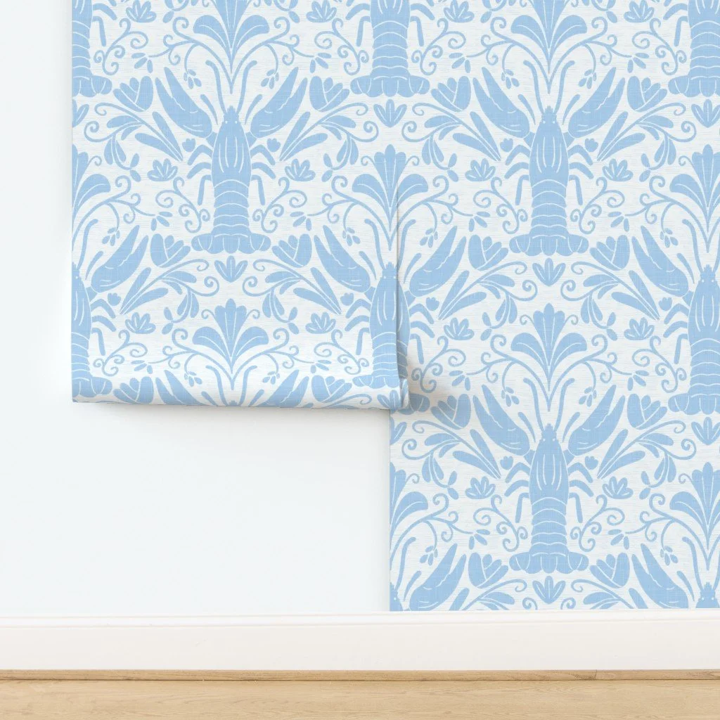 Oversized Coastal Lobster Arabesque Floral Wallpaper for a Breezy Living Room