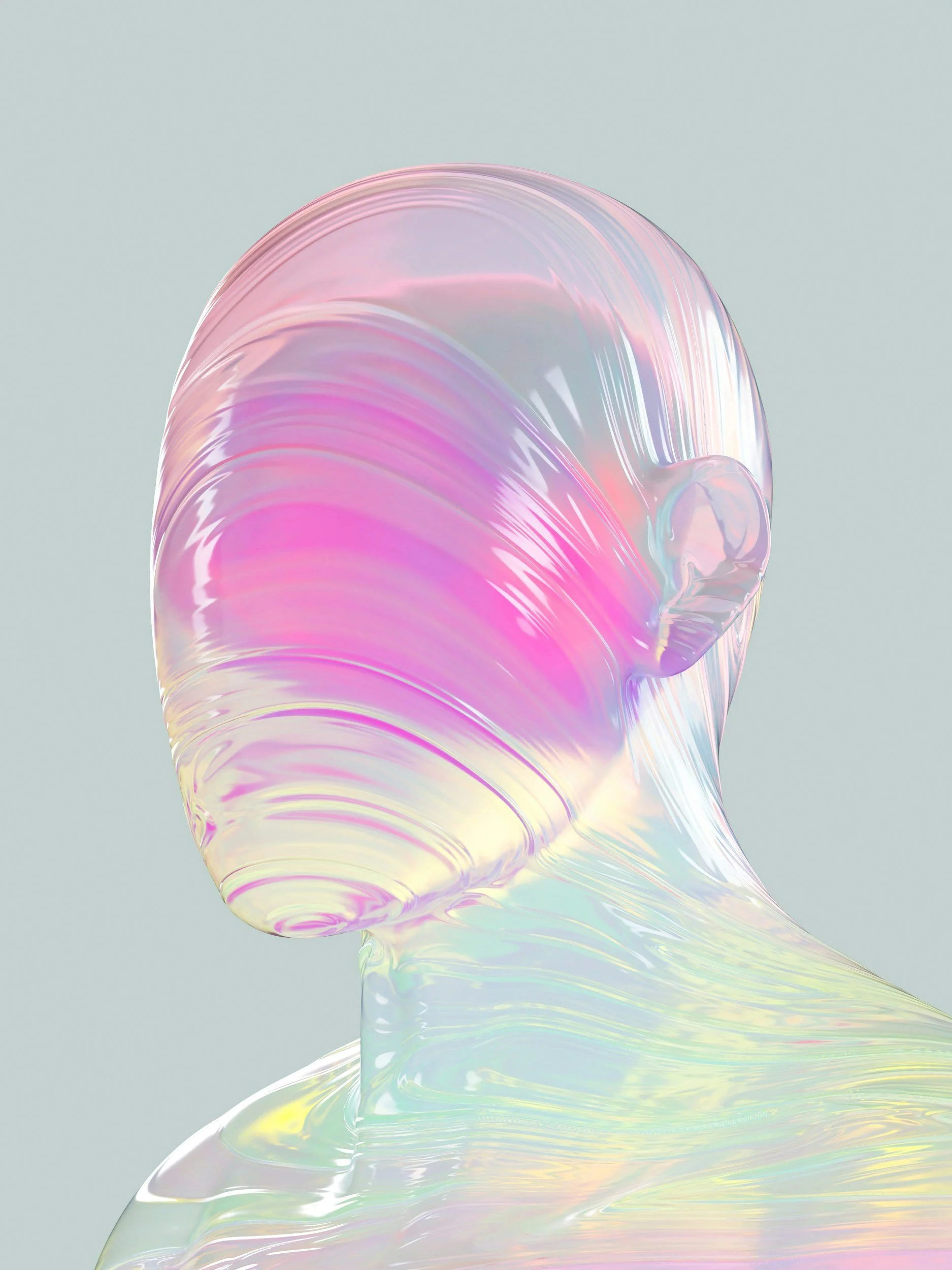 Close-up of an abstract, iridescent, translucent sculpture with swirling colors of pink, purple, and yellow against a light blue background.