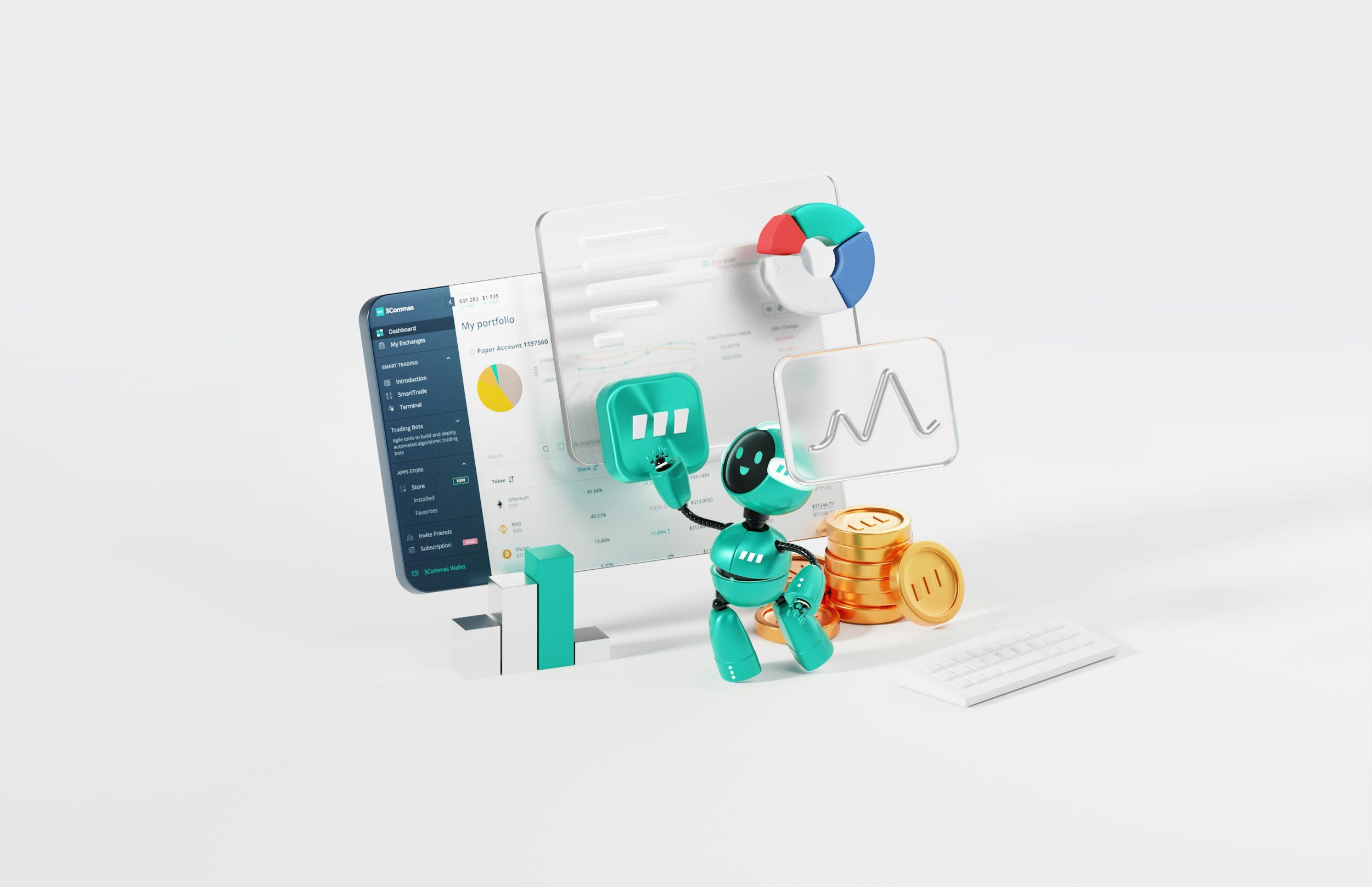 Digital illustration of a computer screen displaying a financial dashboard, with various cryptocurrency icons, charts, and coins, and a small robot with turquoise color and black eyes sitting on a pile of gold coins.