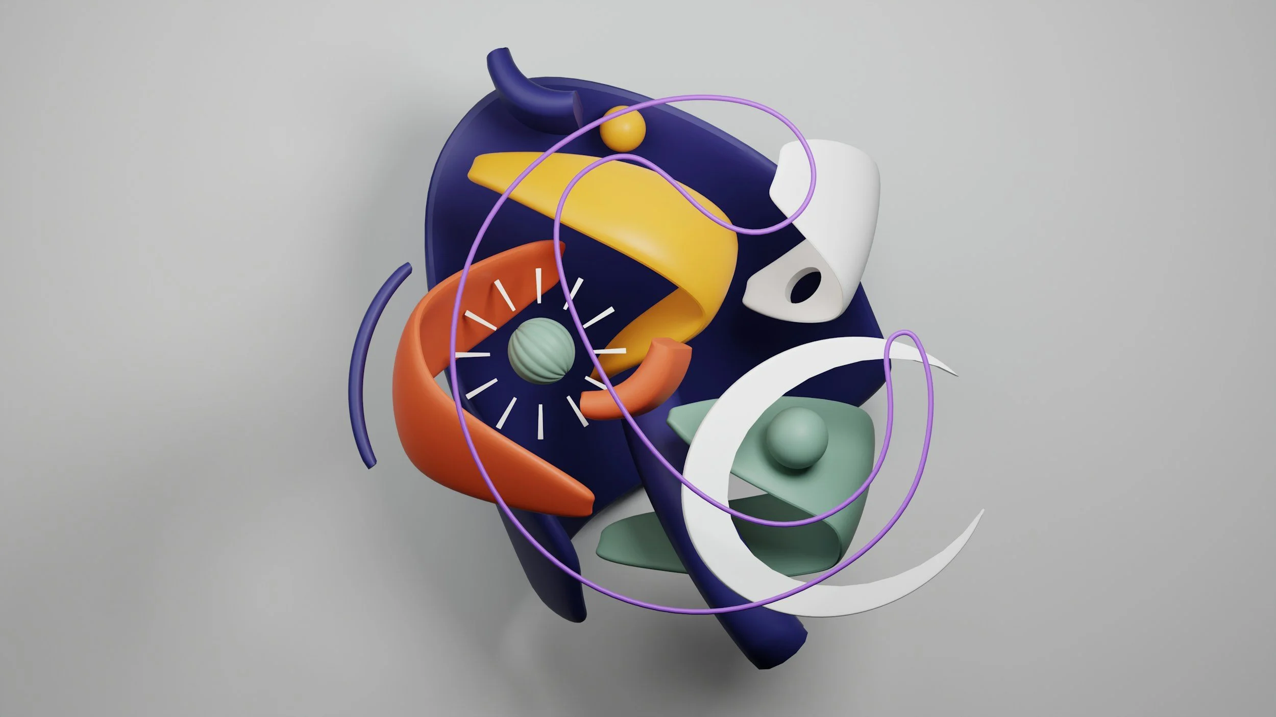 Abstract colorful 3D digital art with various shapes and lines on a gray background.