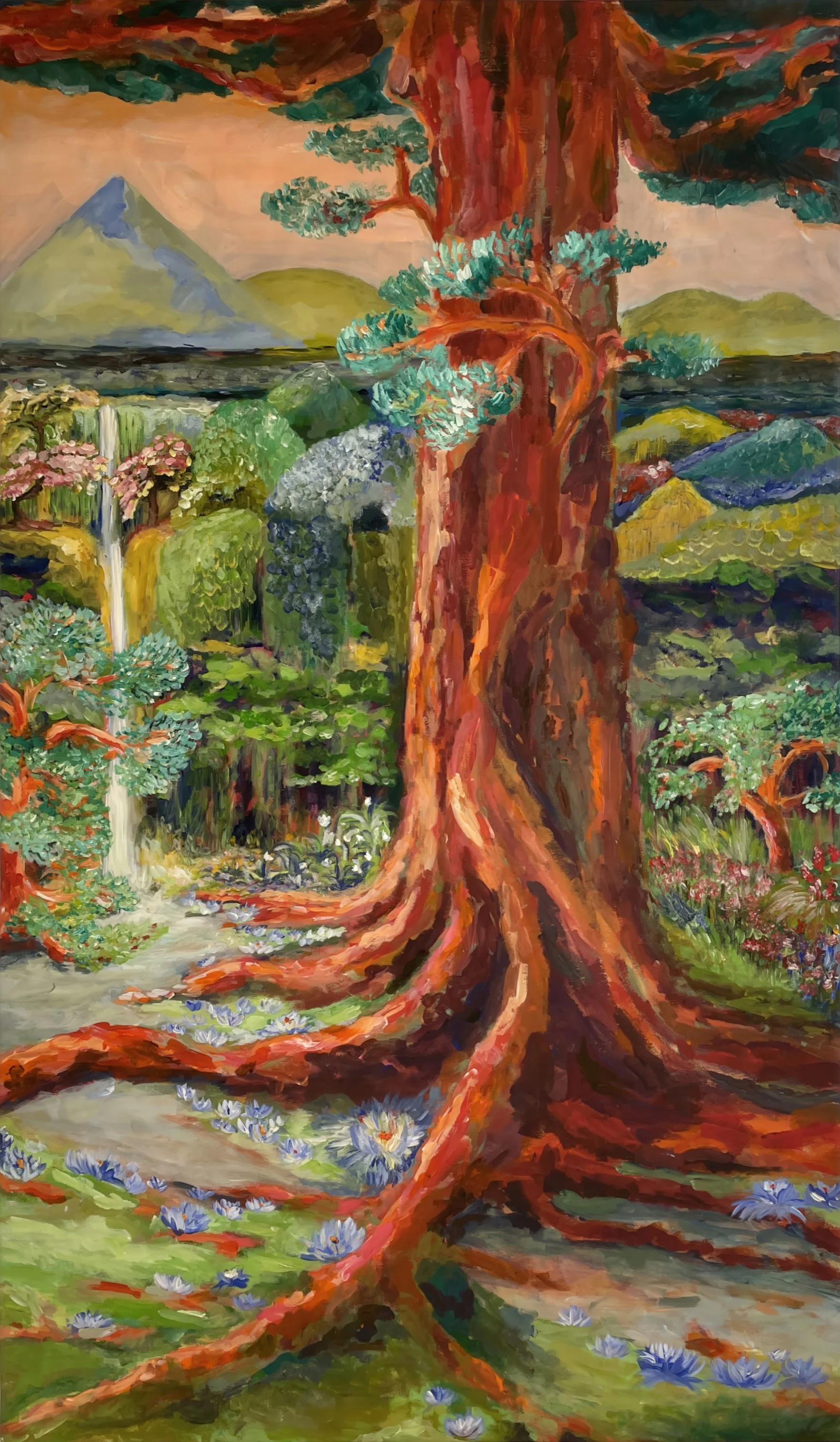 Ein farbenfrohes Gemälde einer Baumlandschaft mit großen Bäumen, Wasserfällen, Bergen und blühenden Pflanzen.