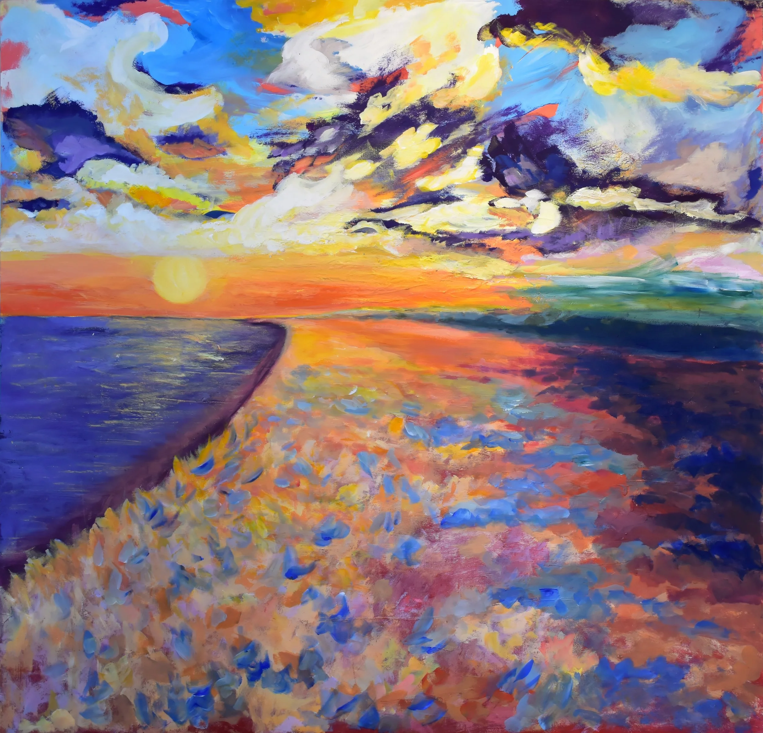 Ein impressionistisches Gemälde einer Sonnenuntergangsszene bei Wasser, mit einer bunten Himmel, reflektierenden Wasserflächen und angelaufene Farbtupfer am Ufer.