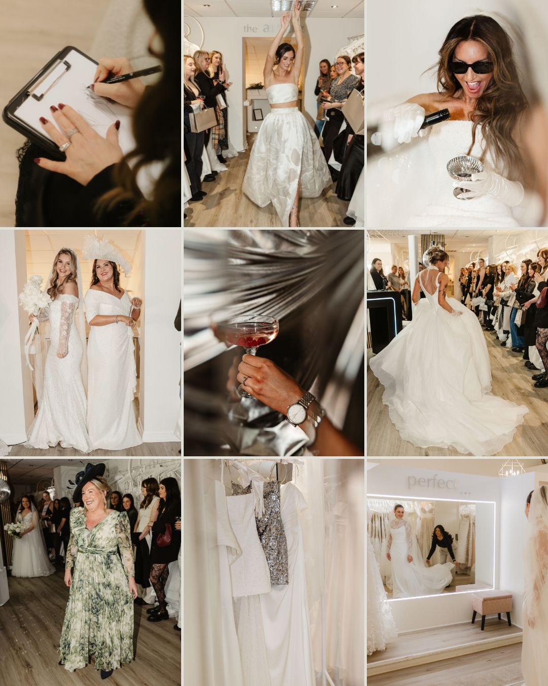 A collage of images from . The photos include women trying on wedding dresses, a bride celebrating, women holding drinks, and dresses hanging on racks. There are scenes of a bridal fitting, a bride showing her dress, and women enjoying the shopping experience in an elegant, well-lit store.