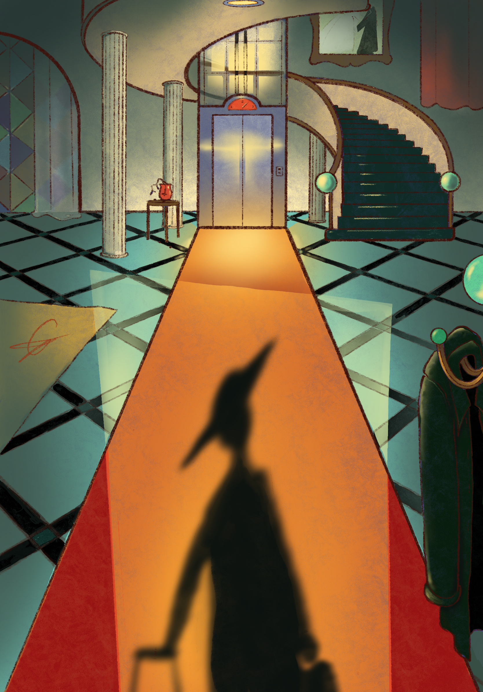 A mysterious elevator door at the top of a staircase, with a red circular indicator above it. There is a red carpet leading towards the elevator, with a shadow of a creature or person in the foreground. The setting looks like an old, stylized mansion or hotel lobby with columns, a framed picture on the wall, and spherical lamps on side tables.