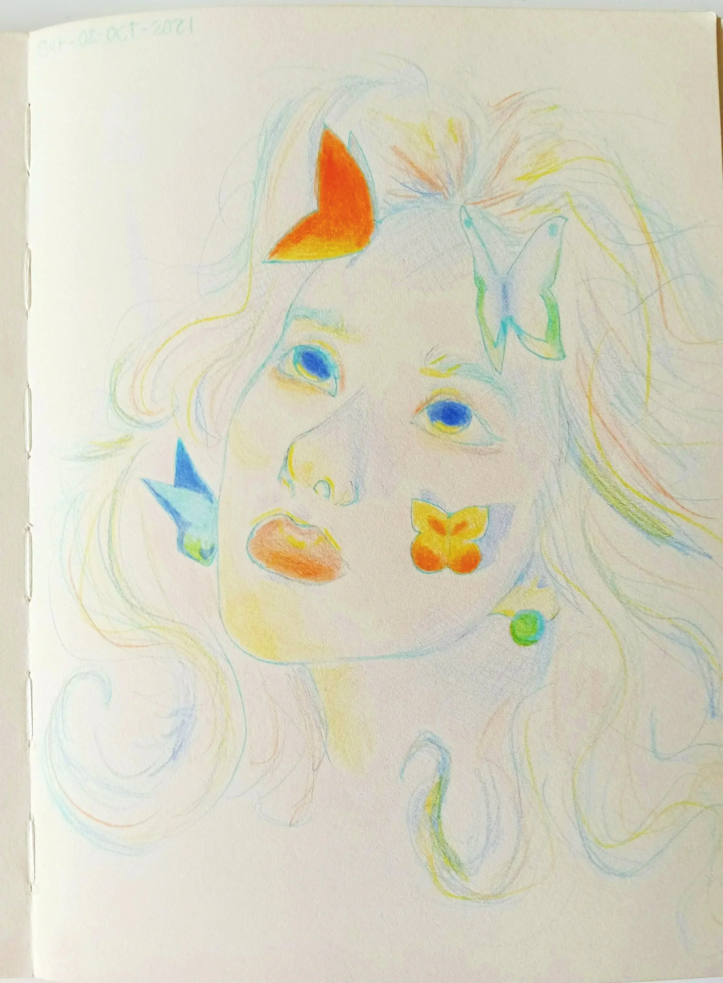 Colorful pencil drawing of a girl's face with three butterflies and two birds near her eyes, and a small orange fish below her chin, with light pastel colors.
