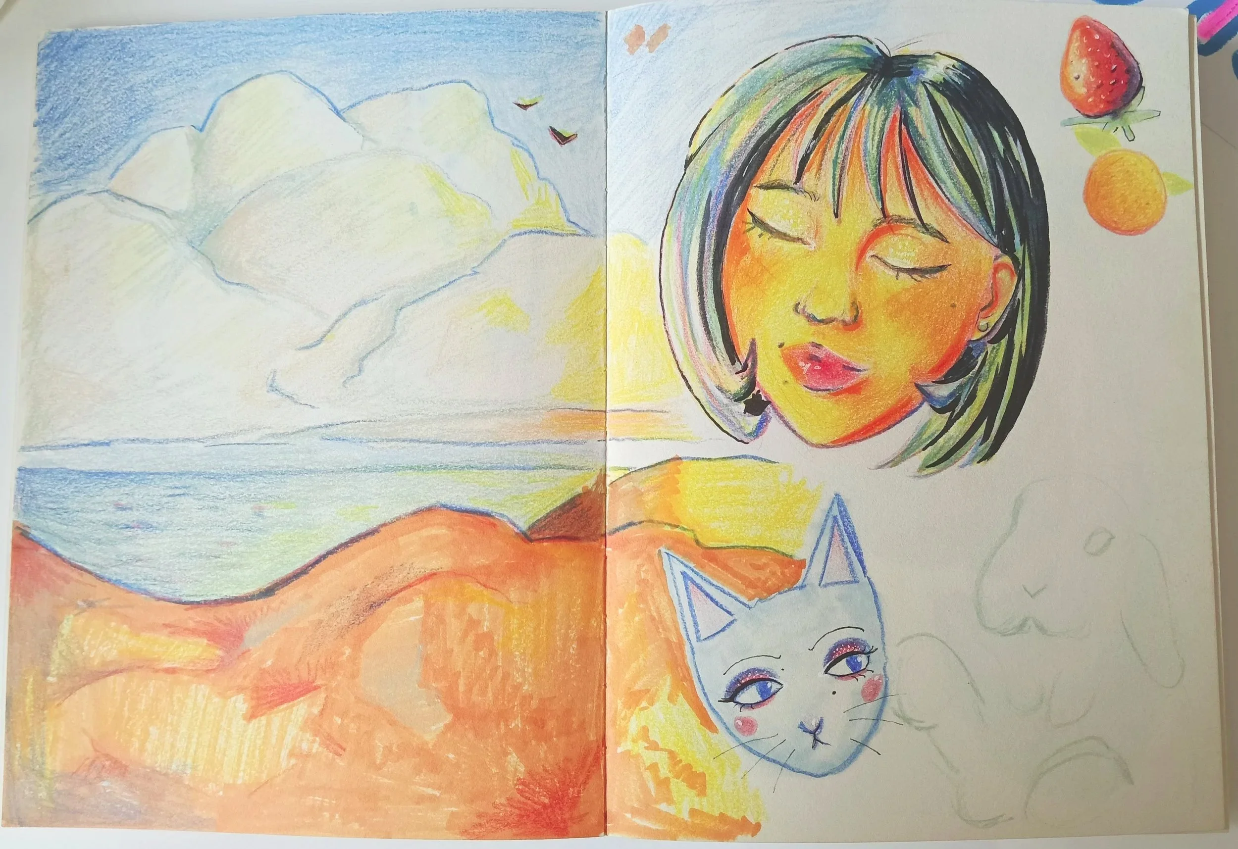 Colorful drawing of a girl with closed eyes and short multicolored hair, with strawberries, oranges, a cat face, and a blue star on her shirt depicted around her, created with colored pencils or crayons.