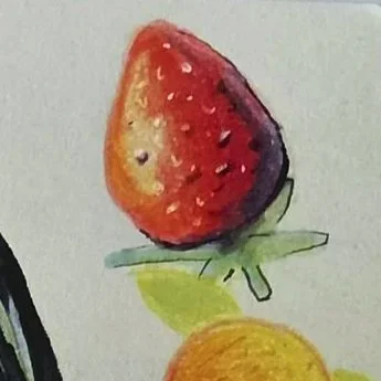Watercolor painting of a strawberry with a green leaf at the bottom.