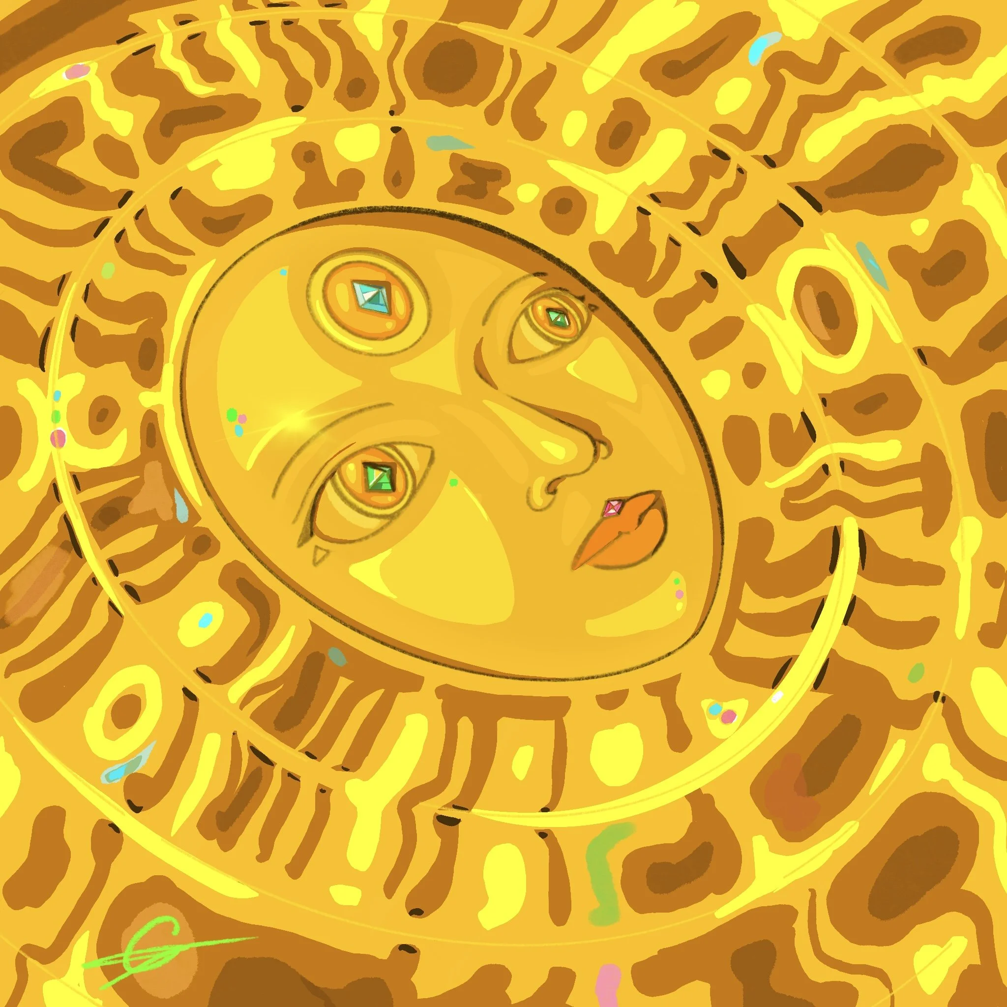 A colorful, abstract, digital artwork with yellow, brown, and orange patterns resembling a spiral or a galaxy, adorned with small multicolored dots and diamond-shaped accents.