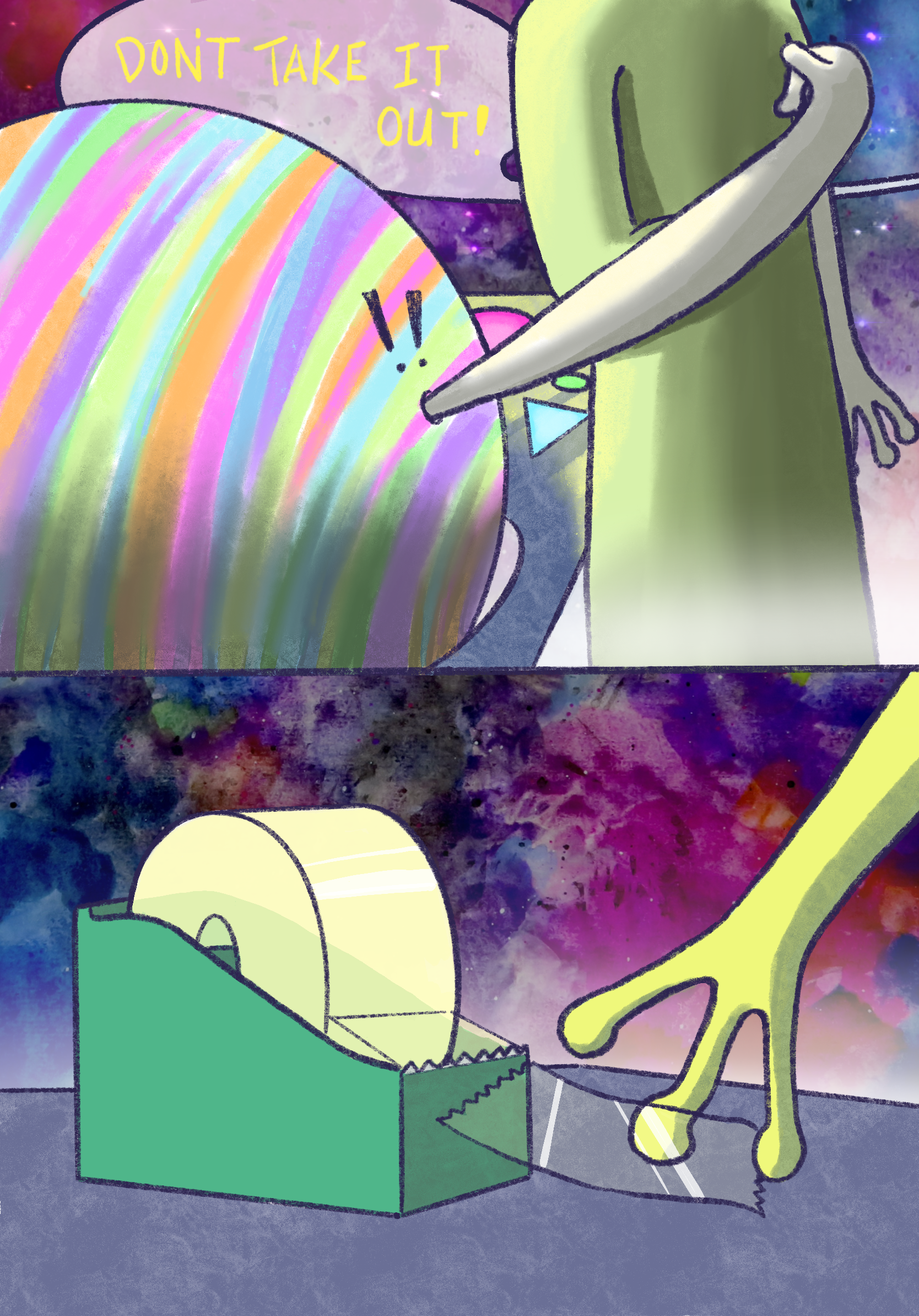 A cartoon illustration of an alien with green skin and large eyes, holding a box labeled 'Don't take it out!' while reaching inside a rainbow-colored, cylindrical object against a starry space background.