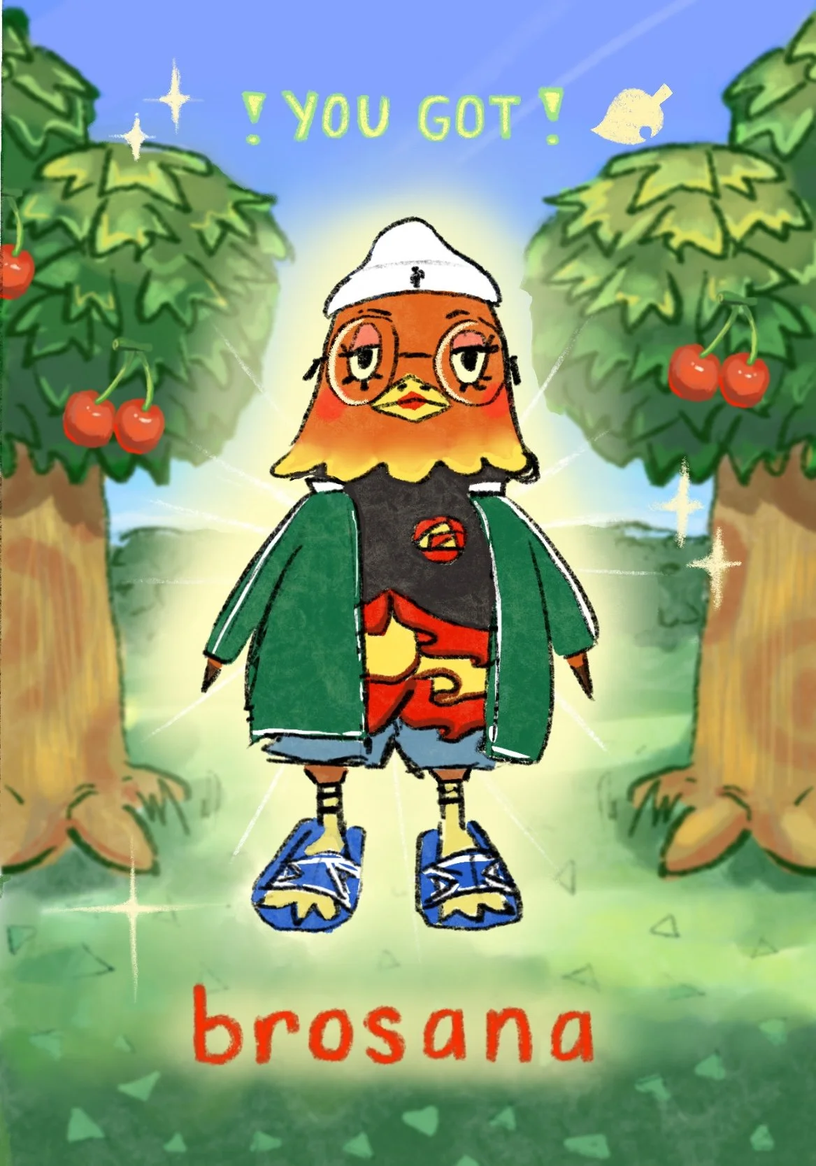 Illustration of an anthropomorphic bird wearing glasses, a white cap, a dark shirt with a red logo, a green jacket, shorts, and sneakers, standing in a cherry orchard with trees bearing cherries in the background. The text says "! YOU GOT !" at the t