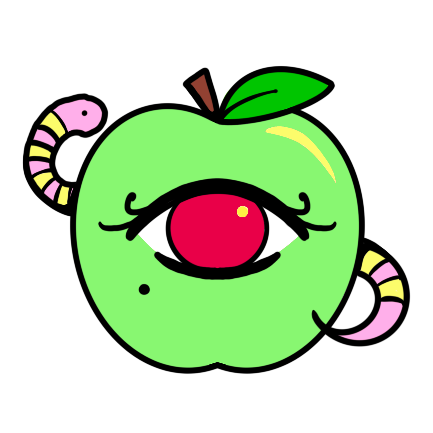 A cartoon character combining a green apple with human-like features, including eyelashes, a red nose, and a mustache, with striped pink and yellow antennae and leaves on top.