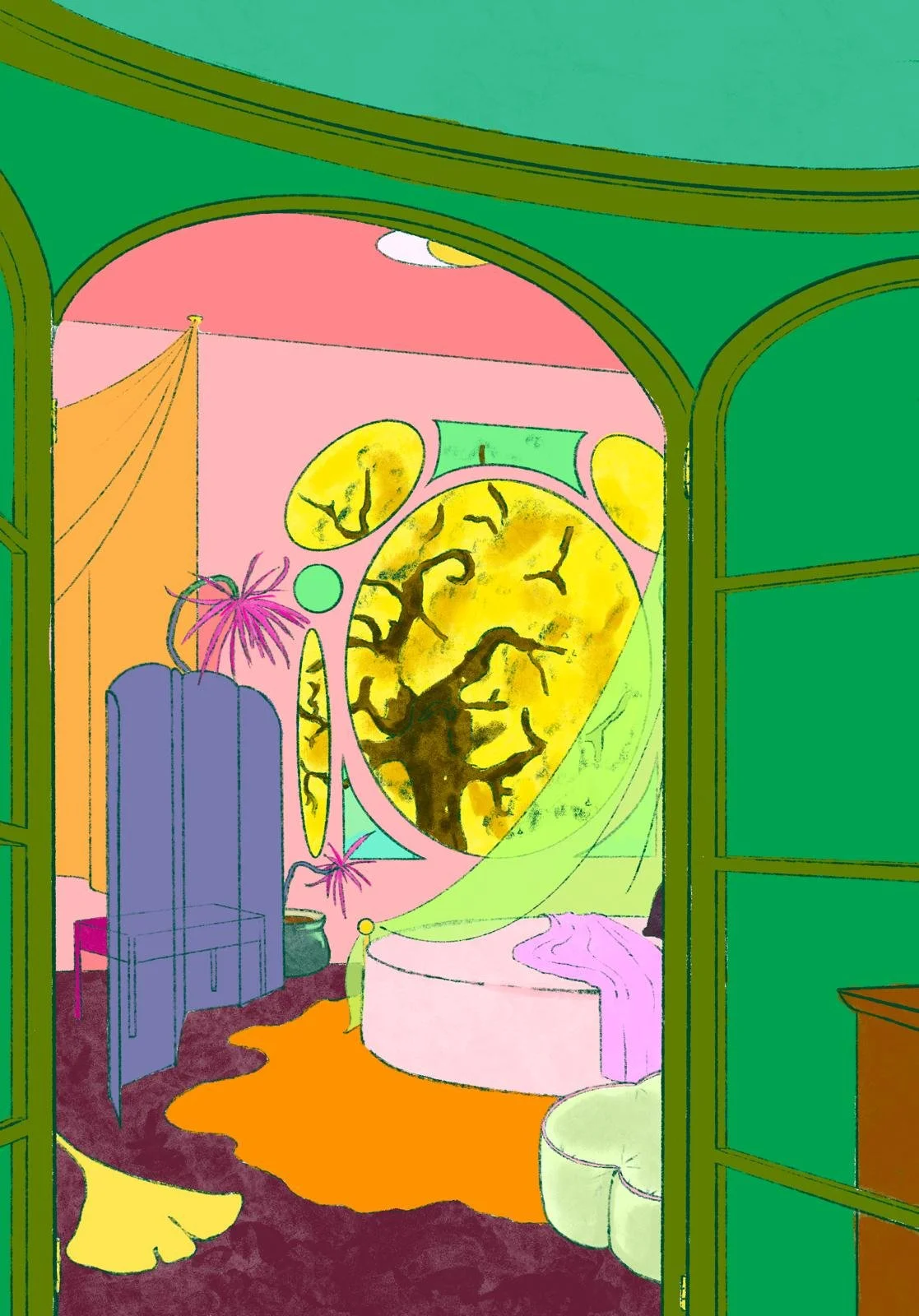 Colorful illustration of a room with pink walls, featuring a large yellow wall art of a tree with black branches, a purple armchair, a pink bed with a draped pink sheet, and a potted plant with pink leaves in the corner. The room is viewed through a 