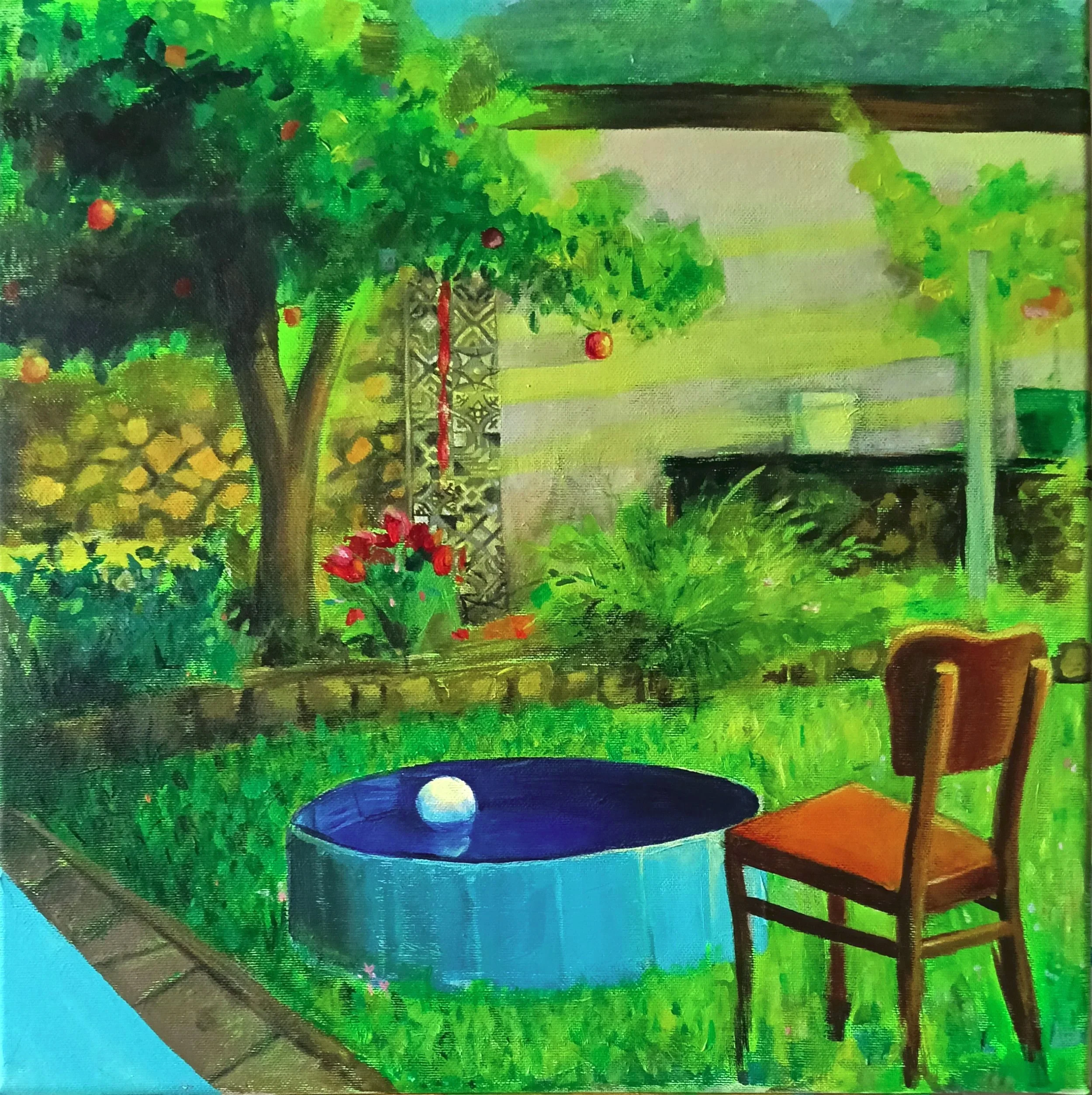 A bright and colorful painting of a garden scene with trees, flowers, and a patio with a fence and chairs, depicted in an impressionistic style with vivid green, blue, and earthy tones.