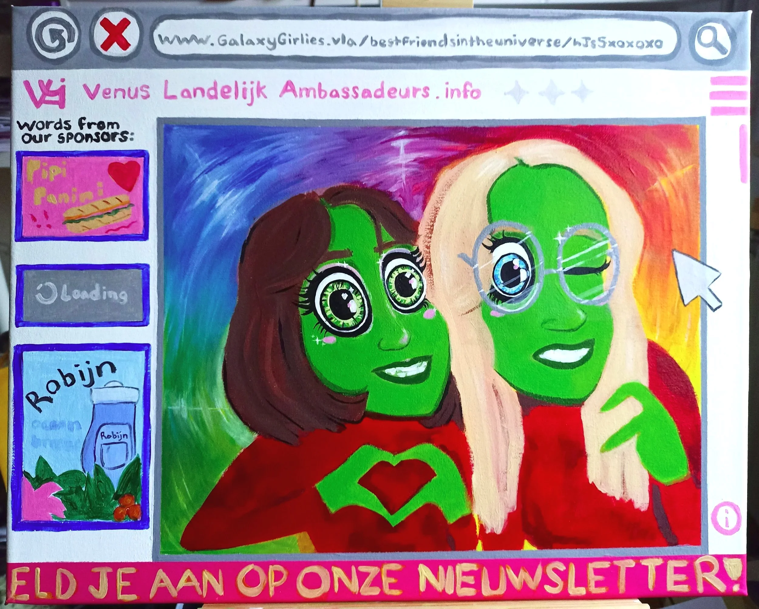 A colorful hand-painted illustration of two smiling cartoon with green faces and big expressive eyes, one with brown hair and the other with blonde hair, wearing glasses. The background has vibrant colors and decorative elements, and the image appear