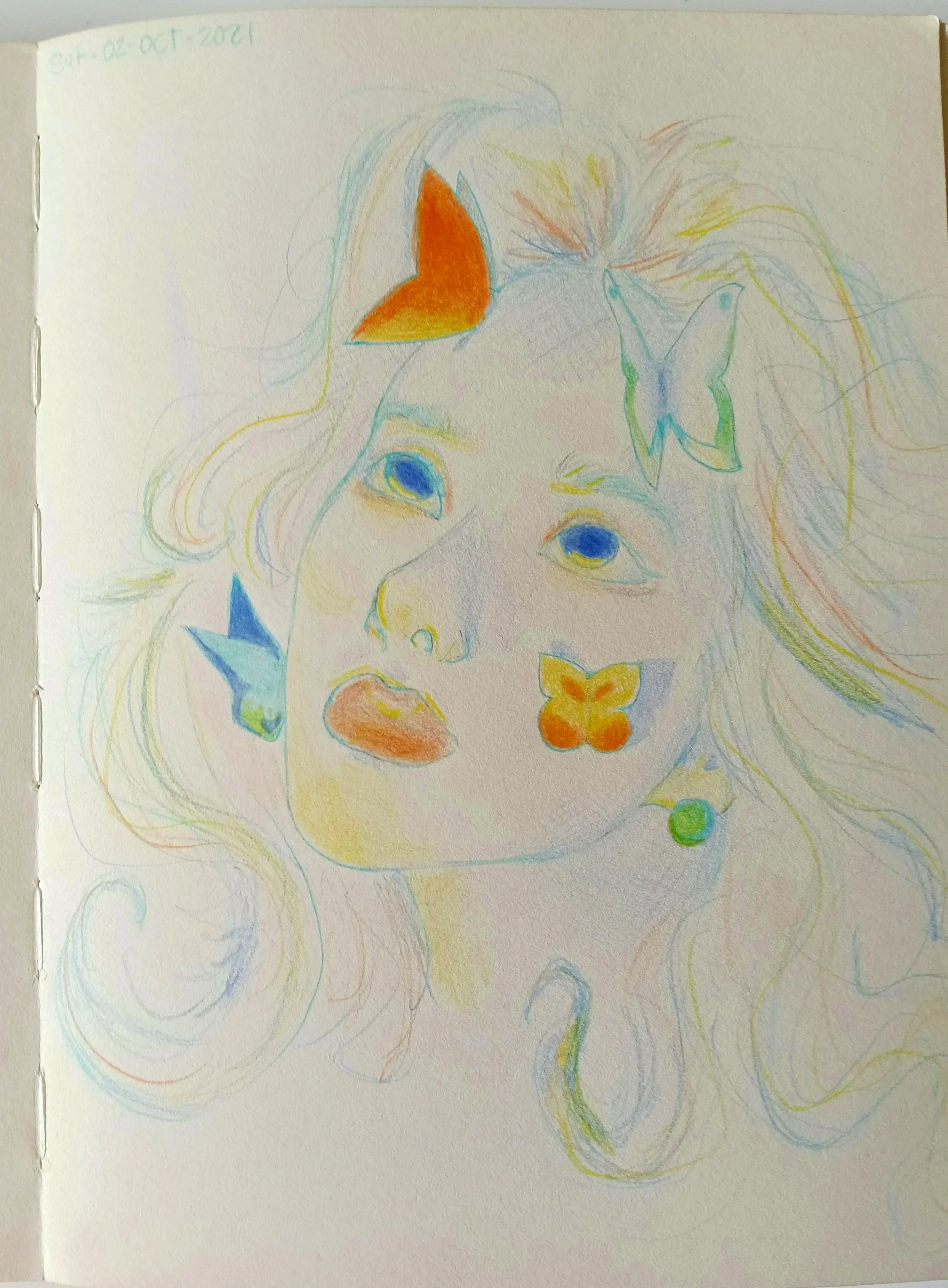 Colorful sketch of a girl's head with long hair, featuring butterflies and abstract shapes in pastel shades.