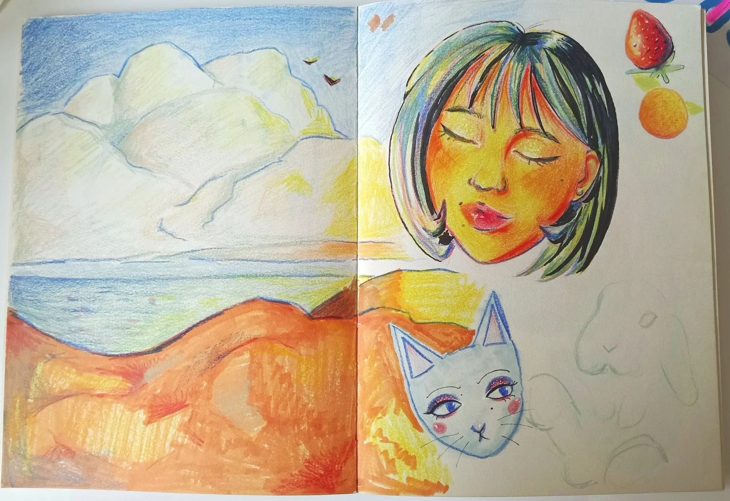 Colorful artwork of two girls with closed eyes, one with short multicolored hair and cheerful expression, and the other with long hair and a bow, alongside sketches of strawberries, oranges, a cat, and a face.