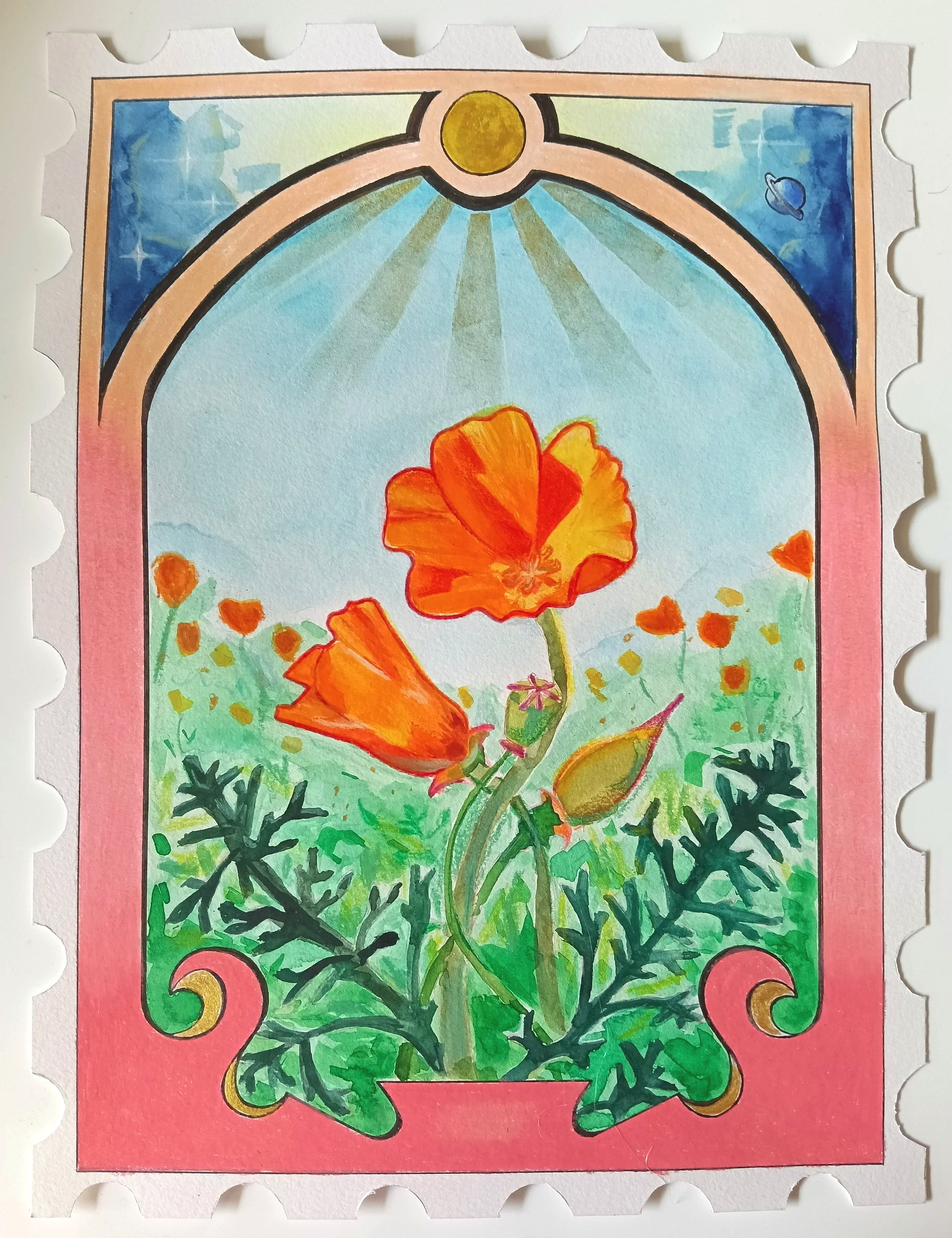 Watercolor illustration of orange poppies with green foliage, set against a light blue background, bordered by a decorative pink and gold frame with a rounded top featuring a sun and planets.