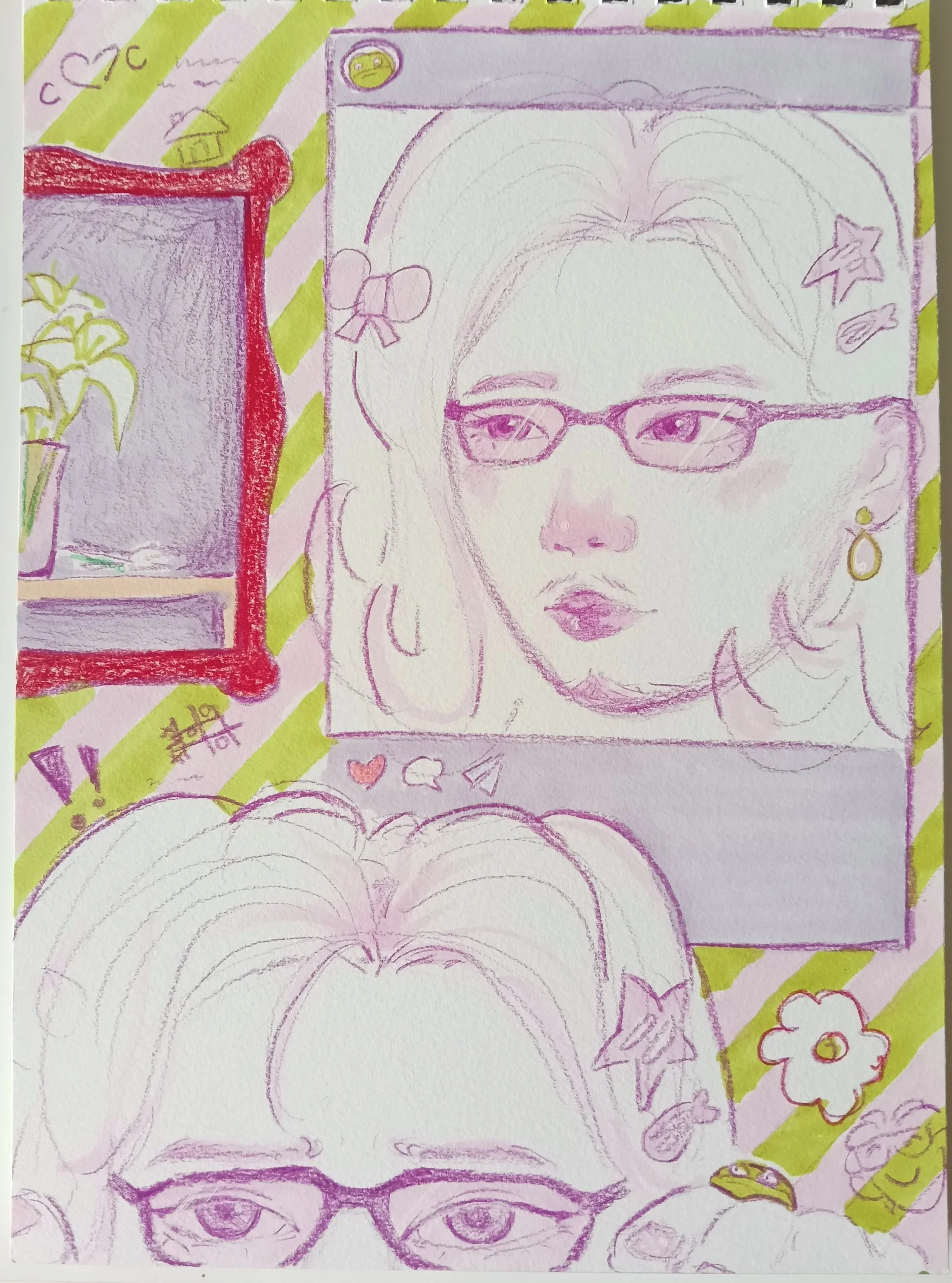 A colorful, hand-drawn illustration of a person with glasses, surrounded by rainbow, stars, flowers, and hearts, created with purple, red, yellow, and green colors.