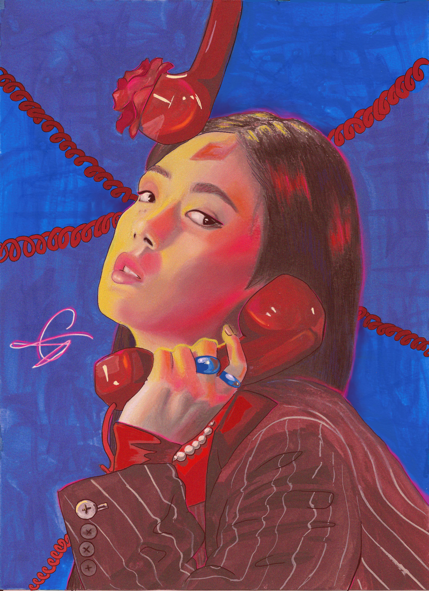 A painting of a woman with short brown hair holding a red rotary phone to her ear against a blue background. She wears a brown pinstripe jacket, a red top, a pearl necklace, and a blue ring. The artwork has stylized, colorful features with a signature in pink in the bottom left corner.