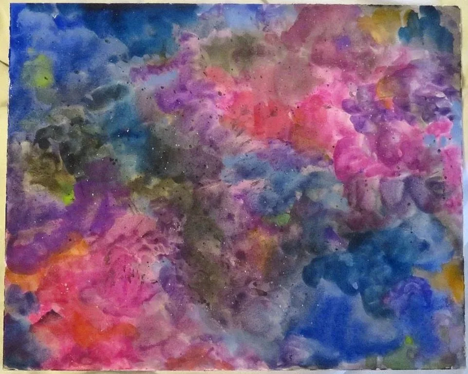 Abstract watercolor painting with vibrant shades of blue, pink, purple, yellow, and black blending together.