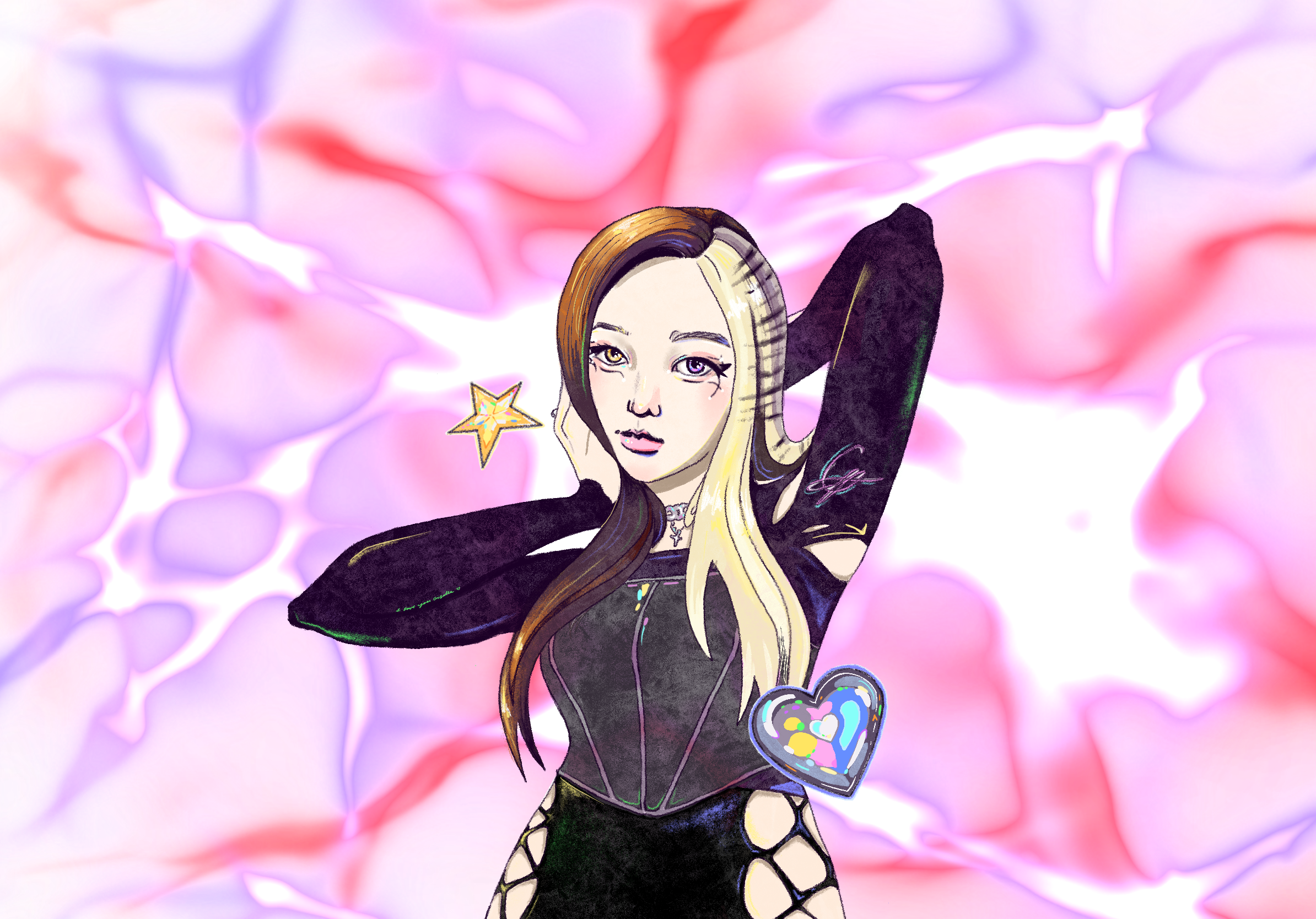 A stylized illustration of a woman with long, light-colored hair, wearing a black top with colorful details. She holding jewelry, with a colorful, abstract background of pink, purple, and red hues.