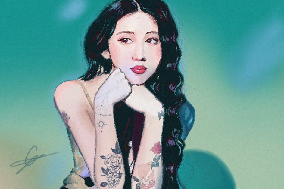 Illustration of a young woman with long dark hair, sitting with her chin resting on her hands, surrounded by a green background, with tattoos on her arms.