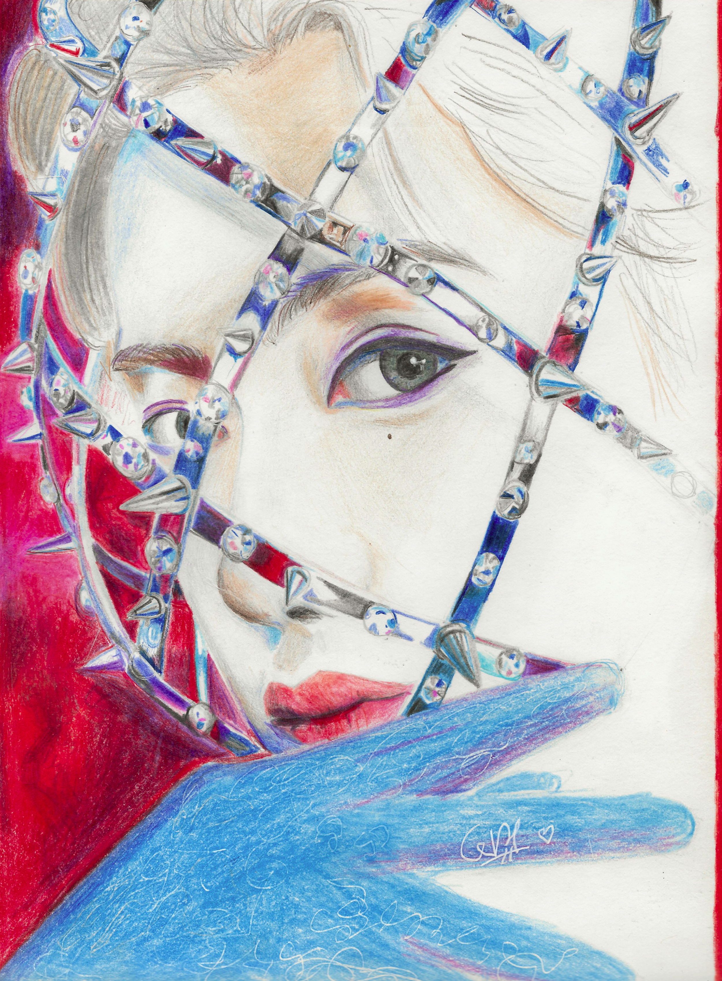 A colorful drawing of a woman's face with long hair partially covered by two colorful star-shaped frames decorated with silver spikes and stones. The woman has makeup with purple eyeliner and pink lipstick, with the background featuring red and blue shades.