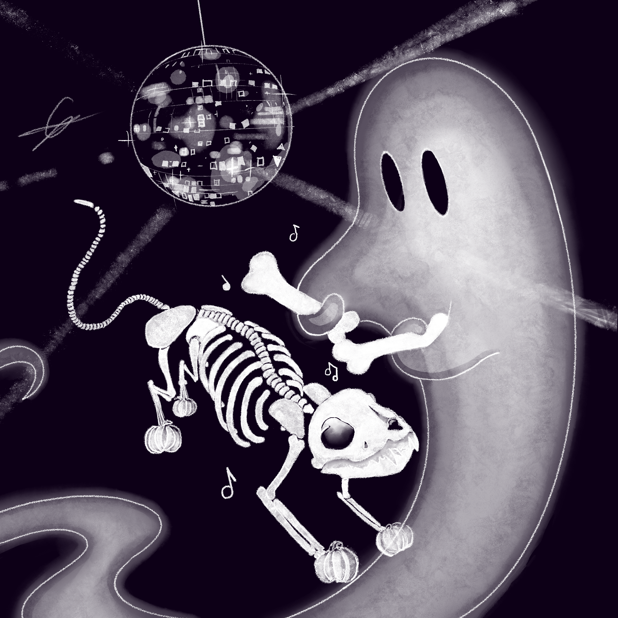 Black and white drawing of a ghost and a planets with rings, surrounded by musical notes and abstract patterns.